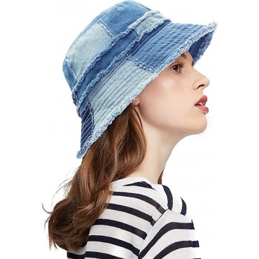 Denim Bucket Hat for Women Washed Cotton Packable Summer Beach Sun Hats Mens Womens Bucket Hat for Travel - BIX0UQJAS