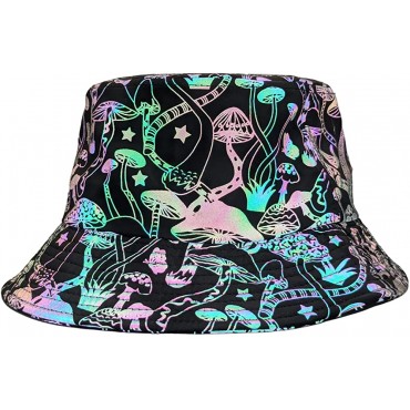 Reflective Mushroom Bucket Hat Summer Travel Sun Hats Rave Headwear Unisex - B5NV3L37S