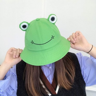 WallDecalsAndArt Cute Green Frog Bucket Hat Summer Cotton Bucket Sunhat for Adults Womens Wide Brim Fisherman Fun Bucket Hat - BKHQWYL4P