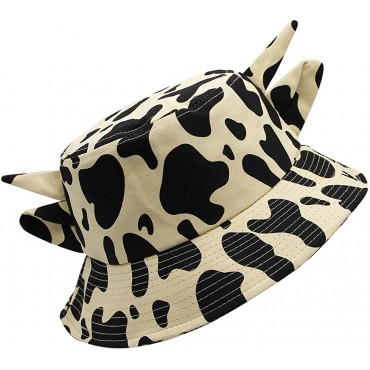 Women Cute Cow Print Bucket Hat Fisherman Hat Travel Beach Sun Hat Cap with Cute Horns Ears - B94Q3IB92