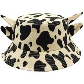 Women Cute Cow Print Bucket Hat Fisherman Hat Travel Beach Sun Hat Cap with Cute Horns Ears - B94Q3IB92
