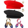 6 Pieces Wool Beret Hat Solid Color French Beanie Hat with Silky Scarf Brooch - BMGOAFV0J