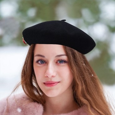 AQiHuan Wool Beret Hat with Pretty Metal Ladybug for Women - B8GE0GXH3