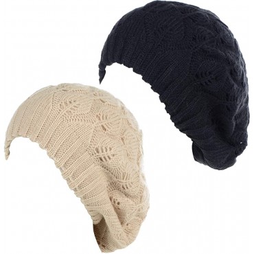 BYOS Women Mid-Weight Slouchy Leafy Cutout Crochet Soft Knit French Beret Hat - B0QWGEAQN