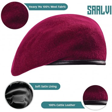 SAALVI 100% Wool and Leather Military Beret for Men and Women Wool Beret Hat Soft Satin Lining Black Red and Green Beret - BM4NFNV4K