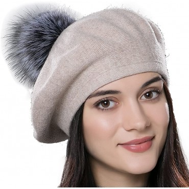 URSFUR Unisex Winter Hat Womens Knit Wool Beret Cap with Fur Ball Pom Pom - BH7XSD0KE