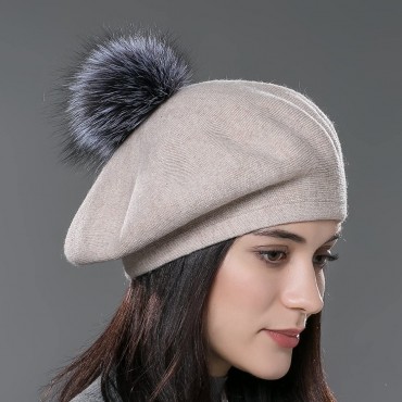 URSFUR Unisex Winter Hat Womens Knit Wool Beret Cap with Fur Ball Pom Pom - BH7XSD0KE
