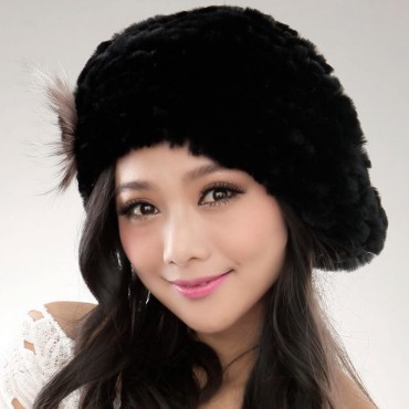 URSFUR Winter Women's Rex Rabbit Fur Beret Hats with Fur Flower - BIEPAOHW0