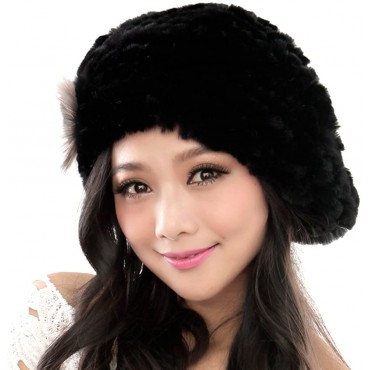 URSFUR Winter Women's Rex Rabbit Fur Beret Hats with Fur Flower - BIEPAOHW0