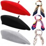 Wool Beret Hat French Beanie Cap Solid Color Hat Silky Scarf Brooch 9 Pieces - B5PGA6N3E