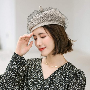 YEKEYI Women's Vintage Beret with Veil Beanie Hat Cap with Netting for Ladies Girls Winter - B2FTWY4GY