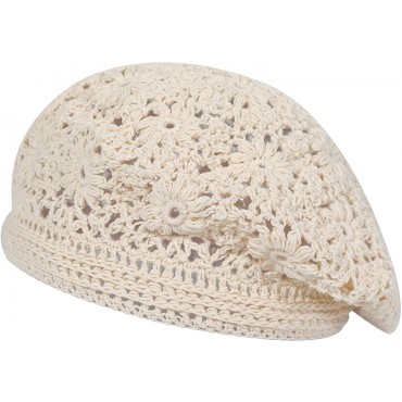 ZLYC Women Cotton Slouchy Crochet Beret Handmade Cutout Floral Beanie Hat - BHELVMBZ6