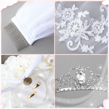 3 Pieces Bridal Wedding Set Crystal Tiara Rhinestone Crown Lace Wedding Bridal Veil and White Heart Ring Pillow for Women - B754FB30Q