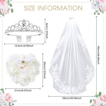 3 Pieces Bridal Wedding Set Crystal Tiara Rhinestone Crown Lace Wedding Bridal Veil and White Heart Ring Pillow for Women - B754FB30Q