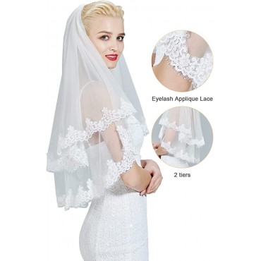 BEAUTELICATE Wedding Bridal Veil with Comb 2 Tiers Eyelash Lace Trim Applique Edge - BU6RAS9P5