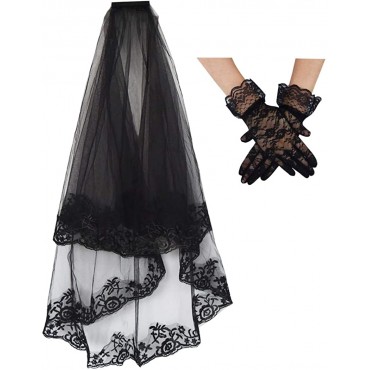 Black Lace Veil jiebor Bridal Wedding Veils Halloween Veil With Comb and Gloves - BKEPAEJ1H