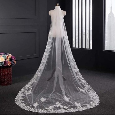Brinote Lace Wedding Veils Long Cathedral Veils for Brides Appliqued Bridal Veils Flower Church Soft Tulle Veils with Comb 118“ Ivory - BQ2MV6MPN