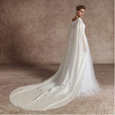 Cibelle Womens Long Lace Chiffon Wedding Cloak Bridal Cape with Pearls - BGA6RTC5U