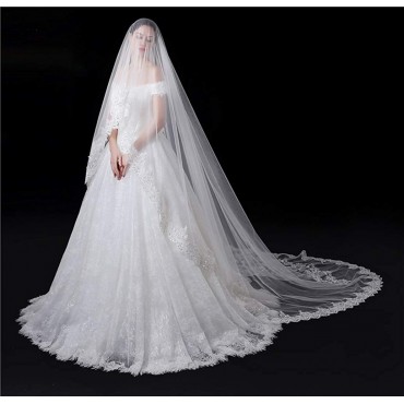 Faiokaver Bridal Veils for Wedding 2 Tier Blusher Sequins Lace Cathedral with Comb - BKHBGDAE3
