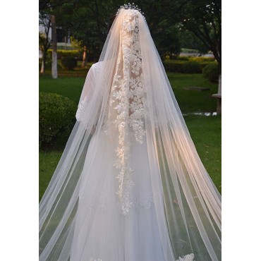 Faiokaver Wedding Veils Cathedral Long Floral Sequins Lace 5 Meters 1 Tier with Comb - BJTETQK77