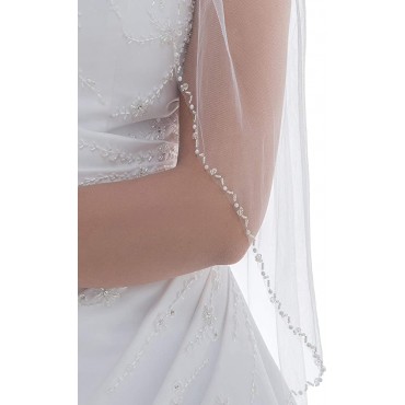 SAMKY 1T 1 Tier Pearls Crystals Beaded Wedding Veil - BKLNP00M1