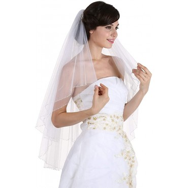 SAMKY 2T 2 Tier Handmade Clear Crystal Beaded Edge Bridal Wedding Veil - BOH3D4Y6U