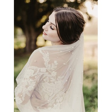 SWEETV 1 Tier Pearl Wedding Bridal Veil with Comb-Cut Edge Long Chapel Length - BN88HJM93