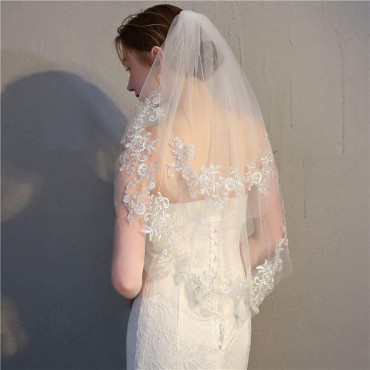 Ursumy Bride Wedding Lace Veil Short Waist Veils 2 Tier Soft Tulle Veil Bridal Veils with Comb Ivory - BI0PQROBN
