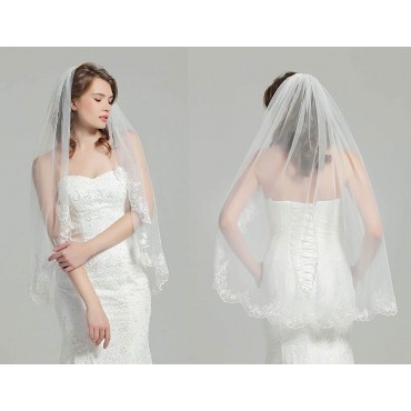 Wedding Bridal Veil with Comb 1 Tier Lace Applique Edge Fingertip Length 41 V85 Ivory White - B05TWPIQ8