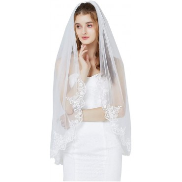 Wedding Bridal Veil with Comb 1 Tier Lace Applique Edge Fingertip Length 41 V85 Ivory White - B05TWPIQ8