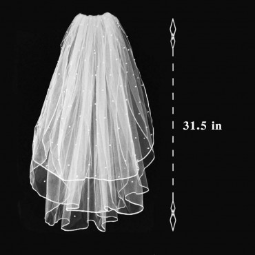 Wedding Veil,White Bridal Veil with Comb 3 Tier Ribbon Edge with Pearl Center Cascade for Bachelorette Party - BVJYNIBZ8