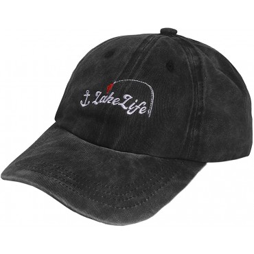 Embroidered Lake Life Low Profile Baseball Cap Vintage Distressed Washed Denim Dad Hat Adjustable One Size - B2KRUBN2P