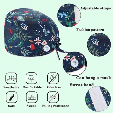 WAINIS 6 Pcs Cute Cotton Printed Working Cap with Button Sweatband Adjustable Tie Back Bouffant Hat for Women Men - BRFWXFPIM