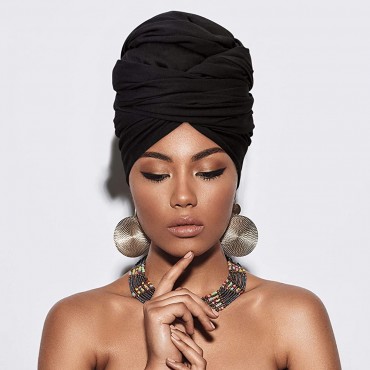 Chalier 2 Pieces Turban Head Wraps for Women African Head Scarf Long Soft Stretch Headwraps - BEJ7CPOKK