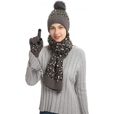 Winter 3 in 1 Hat Scarf Touch Screen Glove Set Fashion Leopard Knitted Cold Weather Set Winter Warm Accessories for Women Men - BRY57F2MY