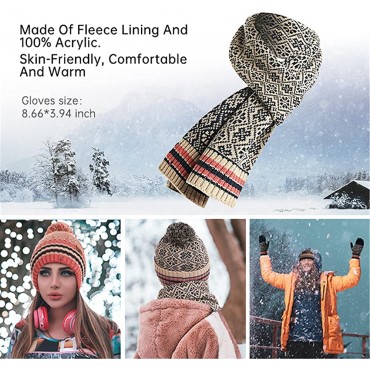 Winter Hats Scarf and Gloves Set for Women Fleece Lined Beanie Hat Touchscreen Gloves Long Scarf Set Scarfs for Women - BN6R742L2