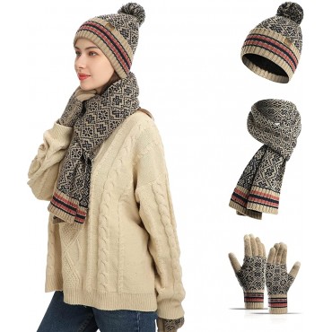 Winter Hats Scarf and Gloves Set for Women Fleece Lined Beanie Hat Touchscreen Gloves Long Scarf Set Scarfs for Women - BN6R742L2