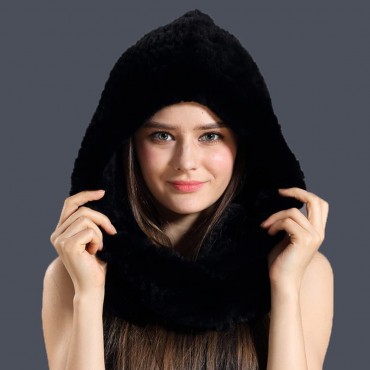 Winter Warm Real Rex Rabbit Fur Hat Women 2-in-1 Function Hoods with Scarf Hats Hooded Muffler Fur Headband Cap - BQR8AKKK8