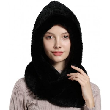 Winter Warm Real Rex Rabbit Fur Hat Women 2-in-1 Function Hoods with Scarf Hats Hooded Muffler Fur Headband Cap - BQR8AKKK8