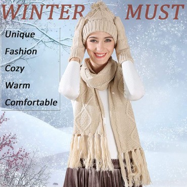 Women Scarf Gloves Hat Set Pom Beanie Touch Screen Gloves Long Scarf Soft Warm Thick Cable Knit 3PCS Cold Weather Winter Set - BT5FBMJRV