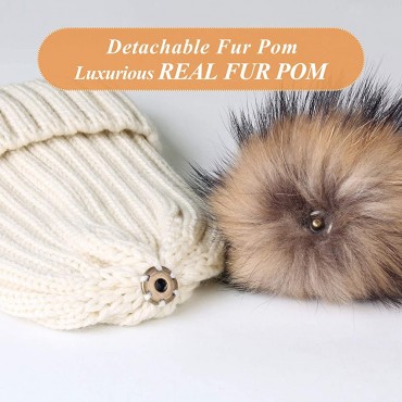 Womens Knit Beanie Winter Hats Detachable Real Raccoon Fur Pom Pom Hat Girls Ski Skull Cap - BSD4BG2SB