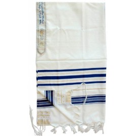 100% Wool Tallit Prayer Shawl in Blue and Gold Stripes Size 55 L X 75 W - BWR1EUVLB