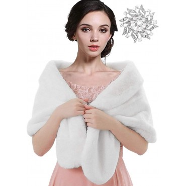 Easedaily Women's Fur Shawls and Wraps Wedding Fur Scarf Faux Bridal Fur Stole with Brooch for Brides and Bridesmaids - BL685A8P1
