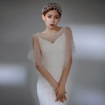 ULAPAN Pearls Wedding Capes Shawl Wrap Shrug Bridal Dress Jackets Flapper Bolero Cover Up - BKG66GQ0X
