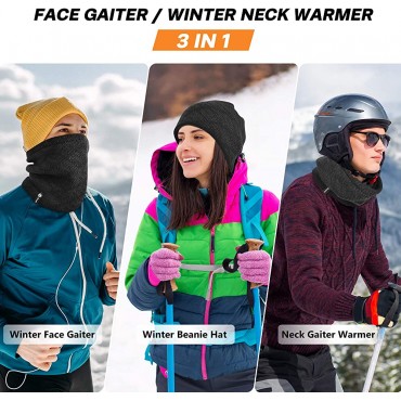 Botack Neck Warmer Gaiter Fleece Knitted Double Layer Winter Neck Scarf 3 in 1 Beanie Hat Mens Women for Skiing - BJATPYXOZ