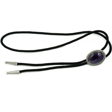 Amethyst Natural Stone Silver Plated Westerm Cowboy Braided Fabric Bolo Neck Tie - BPZ3G6OO9