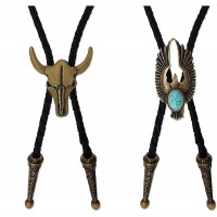 Creative-Idea 2Pcs Bolo Necktie Bootlace Cowboy Tie Set 39Inches Leather Rope Cow Skull and Eagle Inlaid Turquoise Design Western Rodeo Theme Brass Color - B1UB3S7J1