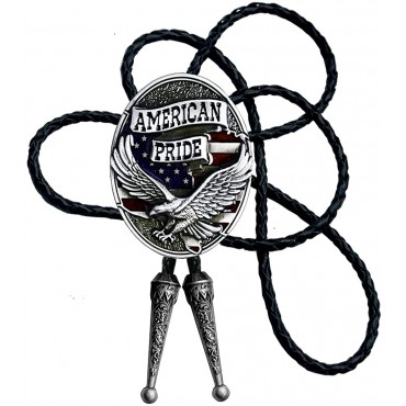 Moranse Bolo Tie with Fluttering American Flag Patriot Style Genuine and Cowhide Rope - B8UAF8E2D