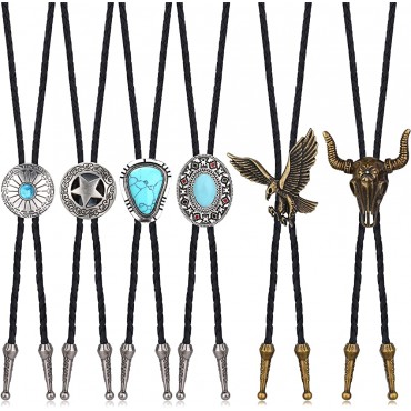 SAILIMUE 6 Pcs Leather Bolo Tie Turquoise Handmade Round Shape Western Cowboy Native American Bola Tie for Men Women - BWPRRZVM8