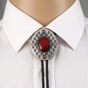 Western Cowboy Tie for Men Native American Bolo Tie Black Handmade Rodeo Texas Necktie with Natural Stone - BODHLF994